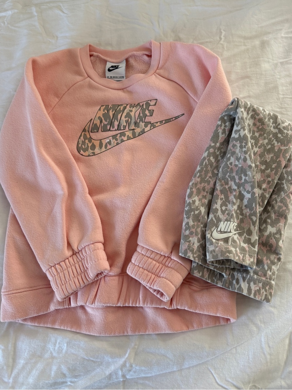 Nike Kids Pink Fleece Sweatshirt with Camo Logo and Matching Leggings
